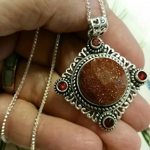 Faceted Goldstone and Garnet Necklace with SS925 chain